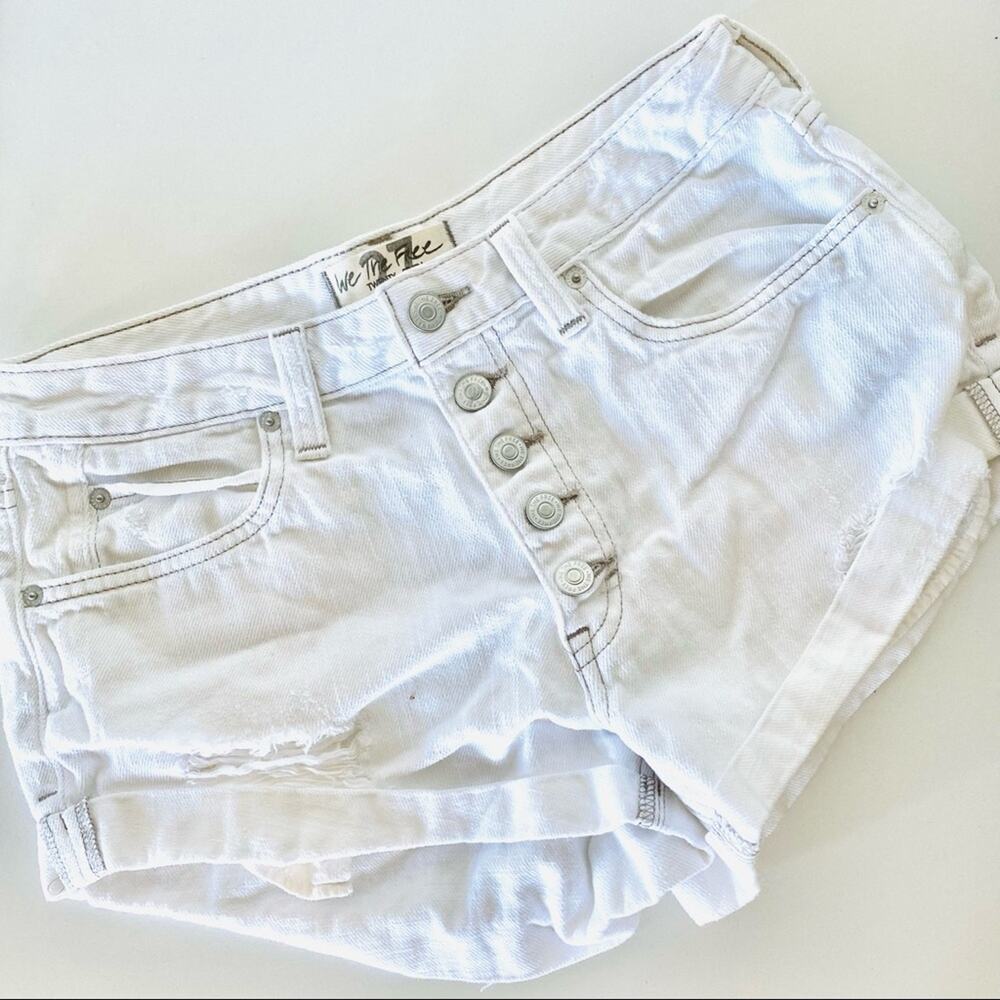 FREE PEOPLE WE THE White Washed Distressed Button Fly Denim Jean Short Shorts 27